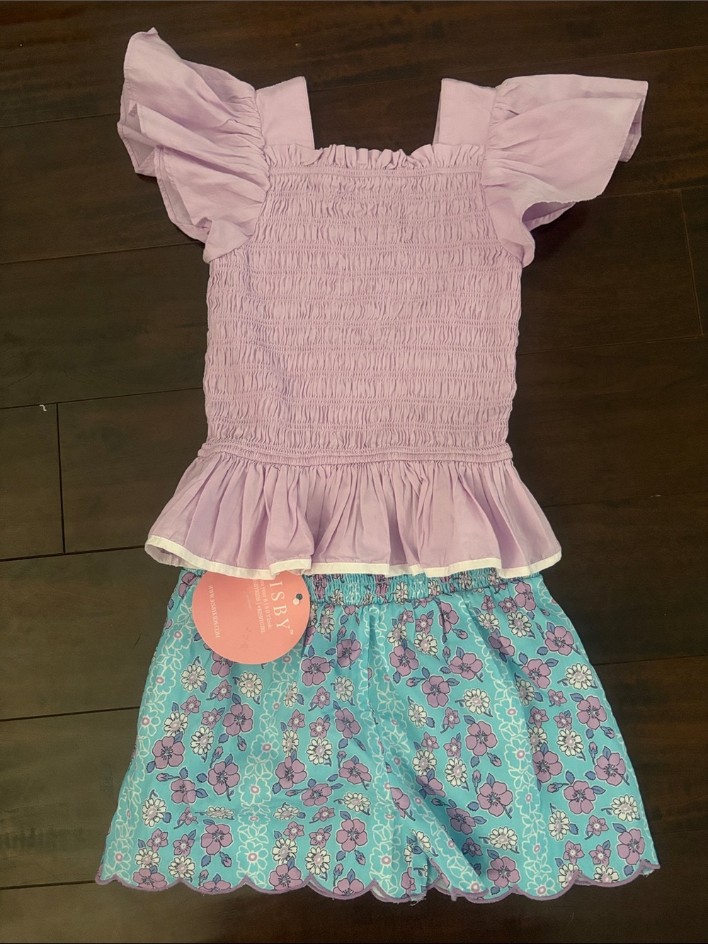 Girls Lavender Smocked Top & Aqua Floral Shorts Matching Set